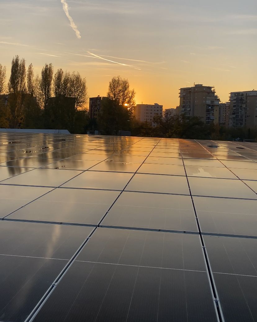 Rooftop PV array at sunset